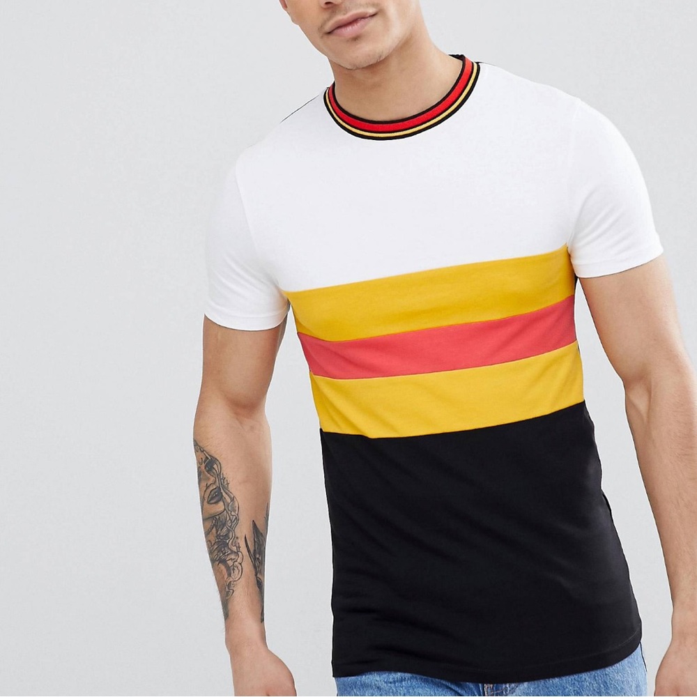ASOS Muscle Fit crew neck tee with Striped color block in yellow red and black